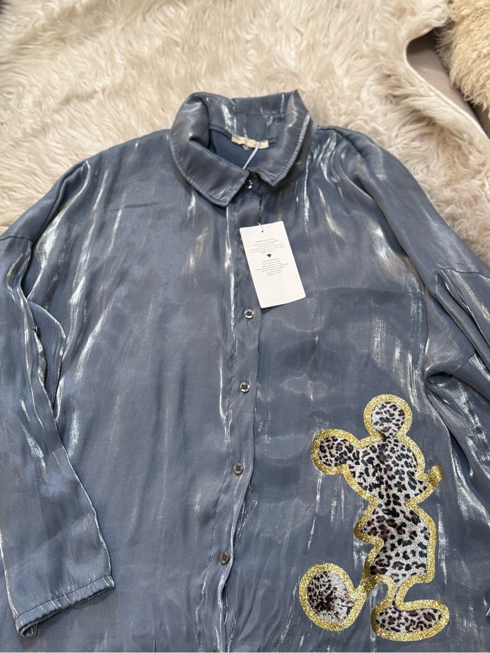 Silky Shimmery Button-Up Shirt with  Leopard Patch